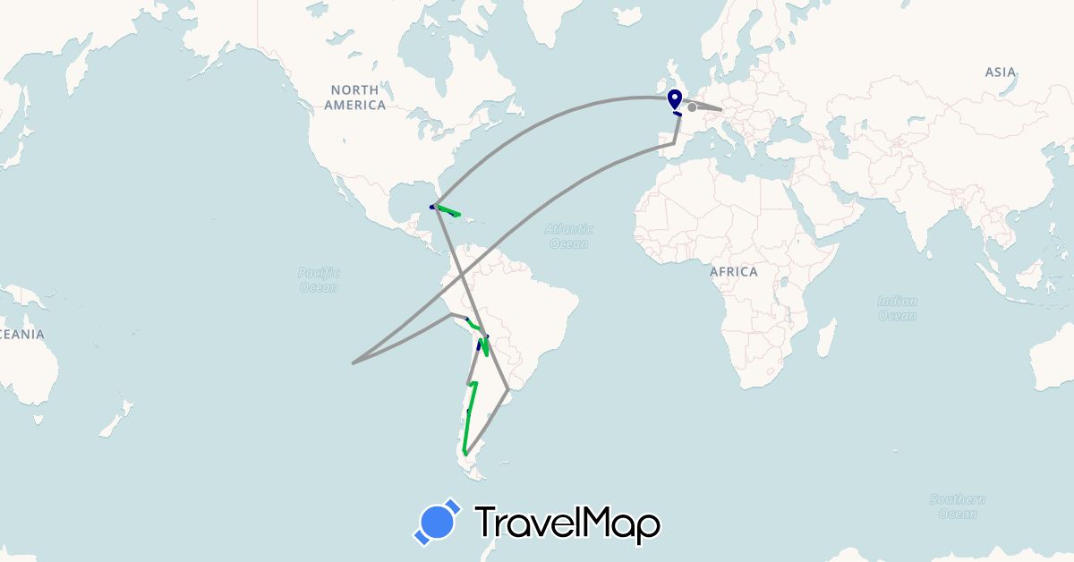 TravelMap itinerary: driving, bus, plane in Argentina, Bolivia, Chile, Cuba, Germany, Spain, France, Peru (Europe, North America, South America)